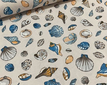 Sea Shell Fabric, Beach Upholstery Fabric, Ocean Cotton Fabric, Coastal Fabric, Nautical Fabric by Yard, Drapery, Pillow, Home Decor Fabric