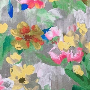 May include: Abstract painting featuring a floral pattern with pink, yellow, and blue flowers on a gray background.