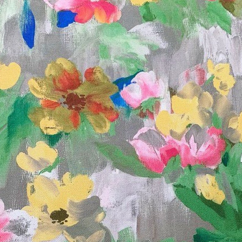 May include: Abstract painting featuring a floral pattern with pink, yellow, and blue flowers on a gray background.