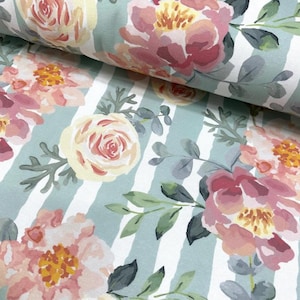 Roses Upholstery Fabric, Pink Flower Fabric, Teal Floral Fabric, Shabby Chic Watercolor Vintage Style Retro Curtain Home Decor Fabric Yard
