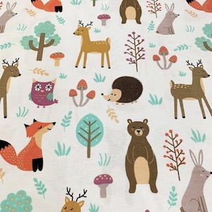 Woodland Upholstery Fabric, Forest Animal Fabric, Fox Owl Rabbit Deer Hedgehog Bear Print Kids Children Nursery Baby Room Decor Fabric Yard