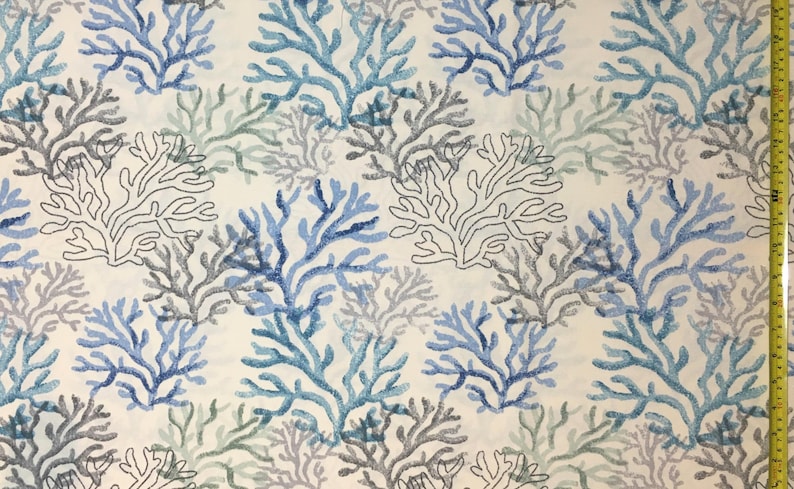 Blue Ocean Fabric, Coral Reef Fabric, Blue White Upholstery Nautical Print Seaweed Underwater Beach Cotton Canvas Outdoor Decor Fabric Yard image 3