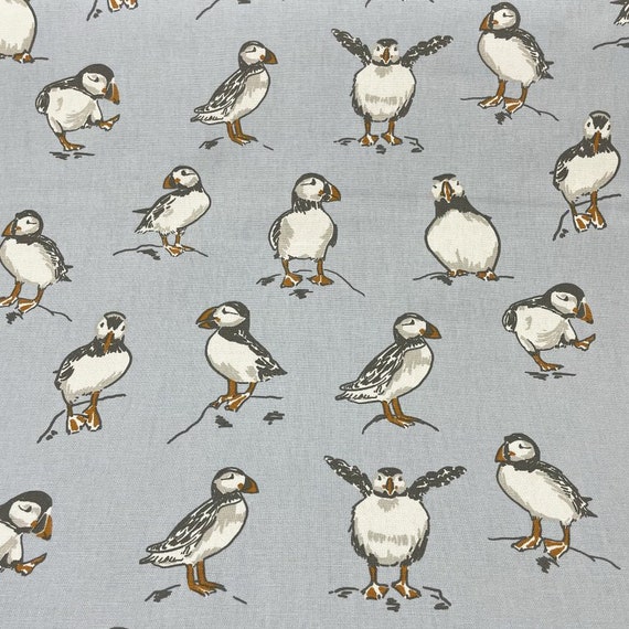 Bird Upholstery Fabric, Puffin Fabric, Blue Animal Print Fabric, Coastal Seaside Nursery Kids Cotton Curtain Upholstery Craft Fabric by Yard