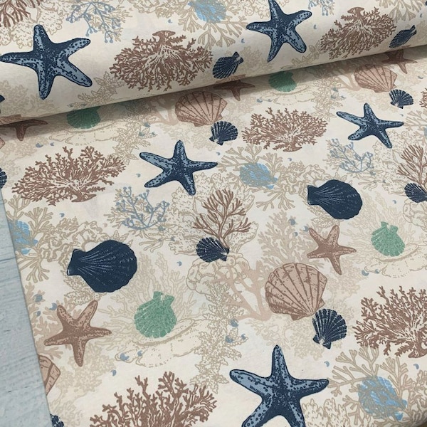 Nautical Upholstery Fabric, Coastal Fabric, Sea Shell Fabric, Beige Outdoor Fabric, Starfish Reef Fabric, Ocean Canvas Decor Fabric by Yard