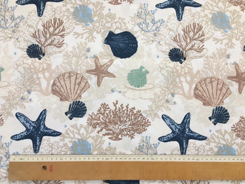 Nautical Cotton Fabric, Coastal Fabric, Sea Shell Fabric, Starfish Reef Fabric, Beige Ocean Quilting Sewing Craft Decor Fabric by the Yard 画像 3