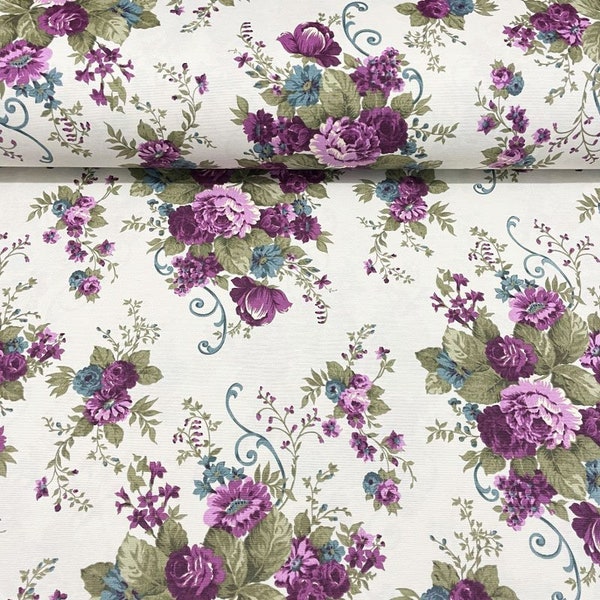 Purple Roses Fabric, Lavender Floral Fabric, Lilac Flower Fabric, Shabby Chic Green Country Cottage Upholstery Canvas Decor Fabric by Yard