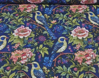 Bird Upholstery Fabric, Peony Floral Fabric, Goldfinch Fabric, Royal Blue Pink Flower Green Leaves Tapestry Botanical Home Decor Fabric Yard