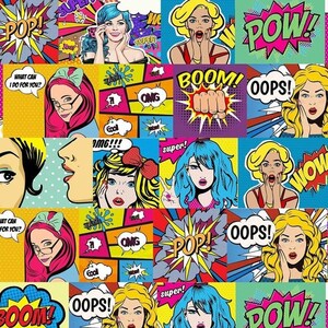 Comic Fabric, Pop Art Fabric, Retro Pattern Fabric, 60s 70s Graffiti Fashion Girl Power Multicolor Upholstery Chair Sofa Decor Fabric Yard