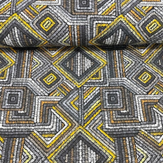 Geometric Upholstery Fabric, Boho Modern Fabric, Gray Yellow Fabric, Stripe  Cotton Canvas Aztec Cushion Chair Sofa Decorative Fabric by Yard 