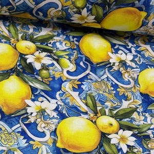 Lemon Upholstery Fabric, Blue and Yellow Fabric, Italian Majolica Tile Mediterranean Sicilian Floral Print Curtain Cushion Decor Fabric Yard
