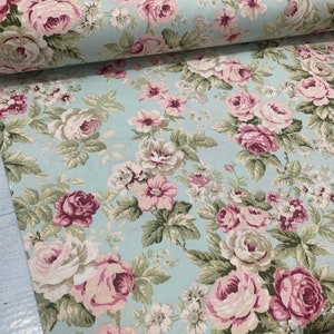 Roses Upholstery Fabric, Shabby Chic Fabric, Pastel Floral Fabric, Country Cottage Pink Large Cabbage Rose Wedding Decor Fabric by the Yard
