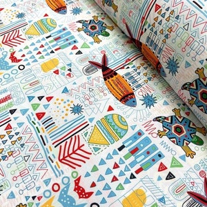 Abstrakter Polsterstoff, geometrischer Druckstoff, Retro bunte Illustration Zeichnung Kunst Fisch Schildkröte Kinder Kinder Cartoon Fabric Yard