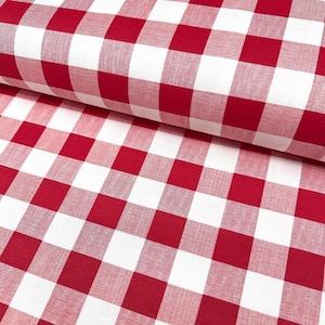 Red Buffalo Plaid Fabric, Gingham Check Upholstery Fabric, Bright Red White Contemporary Traditional Kitchen Tablecloth Picnic Fabric Yard