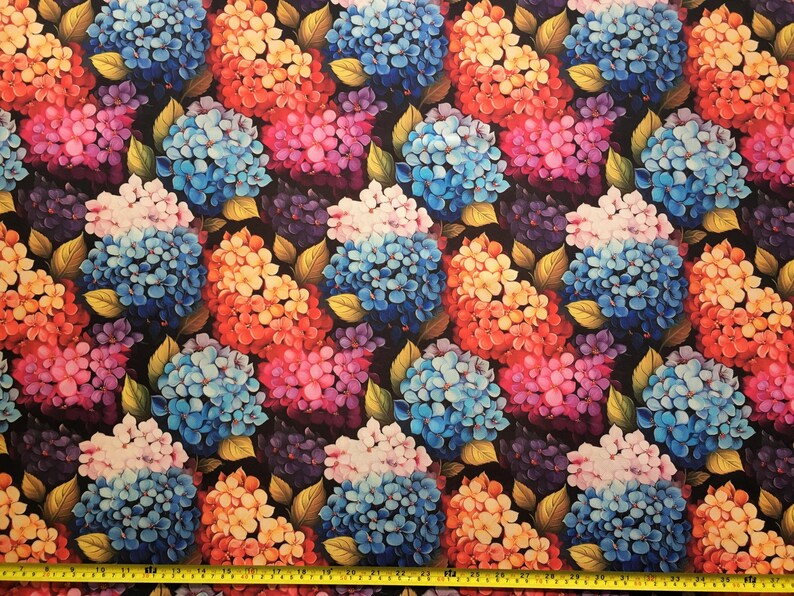 Tessuto per tappezzeria, tessuto in tela floreale, tessuto ortensia, tessuto per tende e cuscini con stampa 3D di fiori colorati. immagine 3