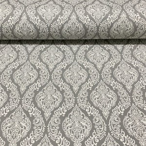 May include: Gray fabric with a white damask pattern. The pattern features intricate floral designs.