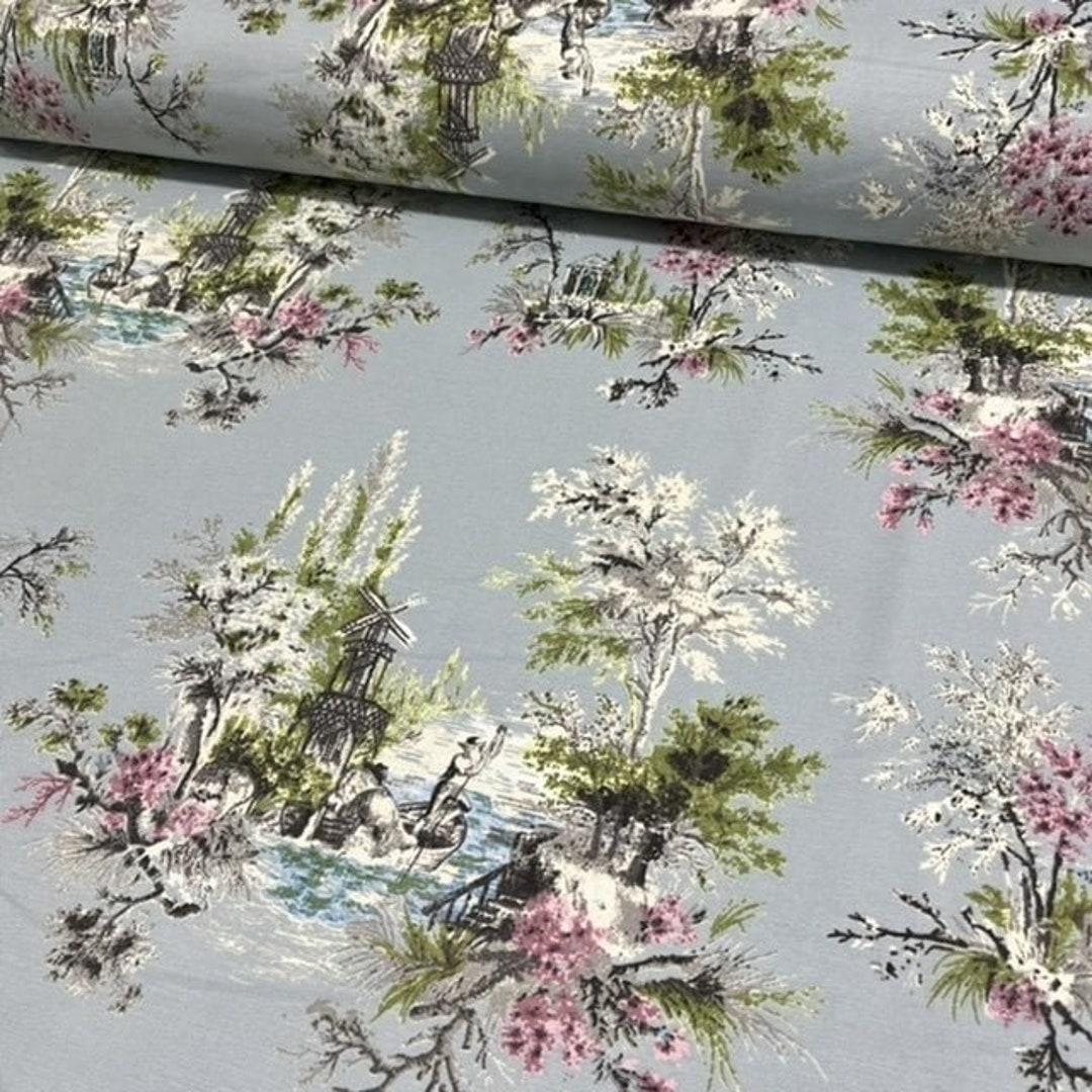 Toile Fabric, French Upholstery Fabric, Country Cottage Fabric, Ice