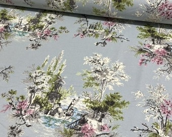 Toile Fabric, French Upholstery Fabric, Country Cottage Fabric, Ice Blue Farmhouse Cotton Canvas Curtain Cushion Decorative Fabric by Yard