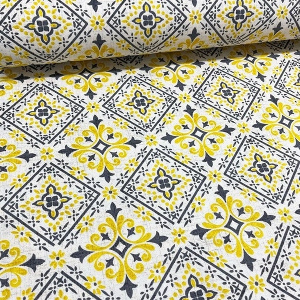 Spanish Fabric, Portuguese Fabric, Yellow White Fabric, Ceramic Mosaic Tile Ornate Cotton Upholstery Home Decor Curtain Cushion Fabric Yard