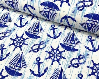 Nautische stof, zeilboot stof, blauw witte bekledingsstof, touw knoop schip wiel anker navigatie Explorer Home decor kinderen stof werf