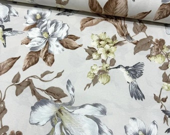 Tela de magnolia, tela floral gris, tela de tapicería bohemia, tela para cortina, silla, sofá, jardín, con estampado de hojas marrones y flores pastel de colibrí y lirio
