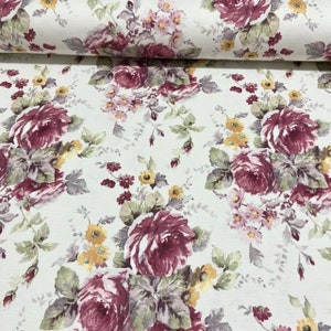 Roses Upholstery Fabric, Dusty Pink Fabric, Romantic Floral Fabric, Shabby Chic Country Cottage Cotton Canvas Home Decor Flower Fabric Yard