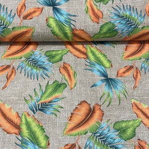 Tessuto per tappezzeria tropicale, tessuto con foglie verdi arancioni, tessuto esotico hawaiano per tende da esterno, runner da tavolo, aspetto iuta, tagliato su misura