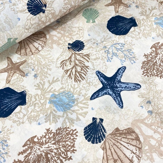 Nautical Cotton Fabric, Coastal Fabric, Sea Shell Fabric, Starfish Reef  Fabric, Beige Ocean Quilting Sewing Craft Decor Fabric by the Yard 