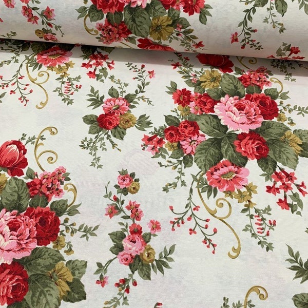 Red Roses Fabric, Floral Upholstery Fabric, Retro Flowers Fabric, Rose Garden Fabric, Shabby Chic Canvas Home Decor Outdoor Fabric by Yard