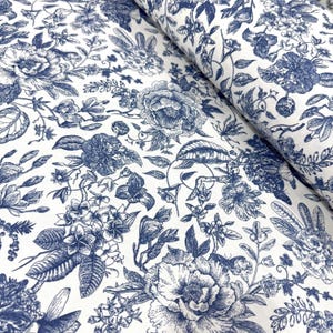 Blue Floral Upholstery Fabric, Retro Flower Fabric, Illustration Fabric, Abstract Print Line Drawing Cotton Canvas Home Decor Fabric Yard