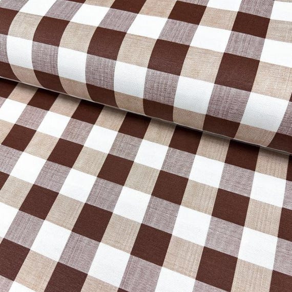 Brown Gingham Upholstery Fabric, Buffalo Check Fabric, Dark Chocolate Brown Beige Rustic Country Cottage Outdoor Bench Decorator Fabric Yard