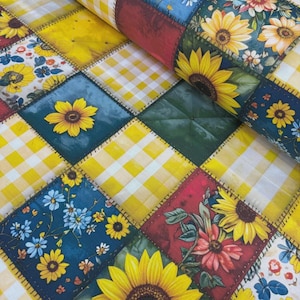 Sunflower Patchwork Fabric, Yellow Gingham Floral Upholstery Vintage Style Country Farmhouse Rustic Sofa Chair Tablecloth Decor Fabric Yard