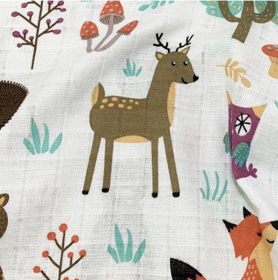 Double Gauze Fabric, Organic Soft Cotton Fabric, Woodland Baby Fabric,  Newborn Fabric, Forest Animal Fabric, Muslin Clothing Fabric by Yard 