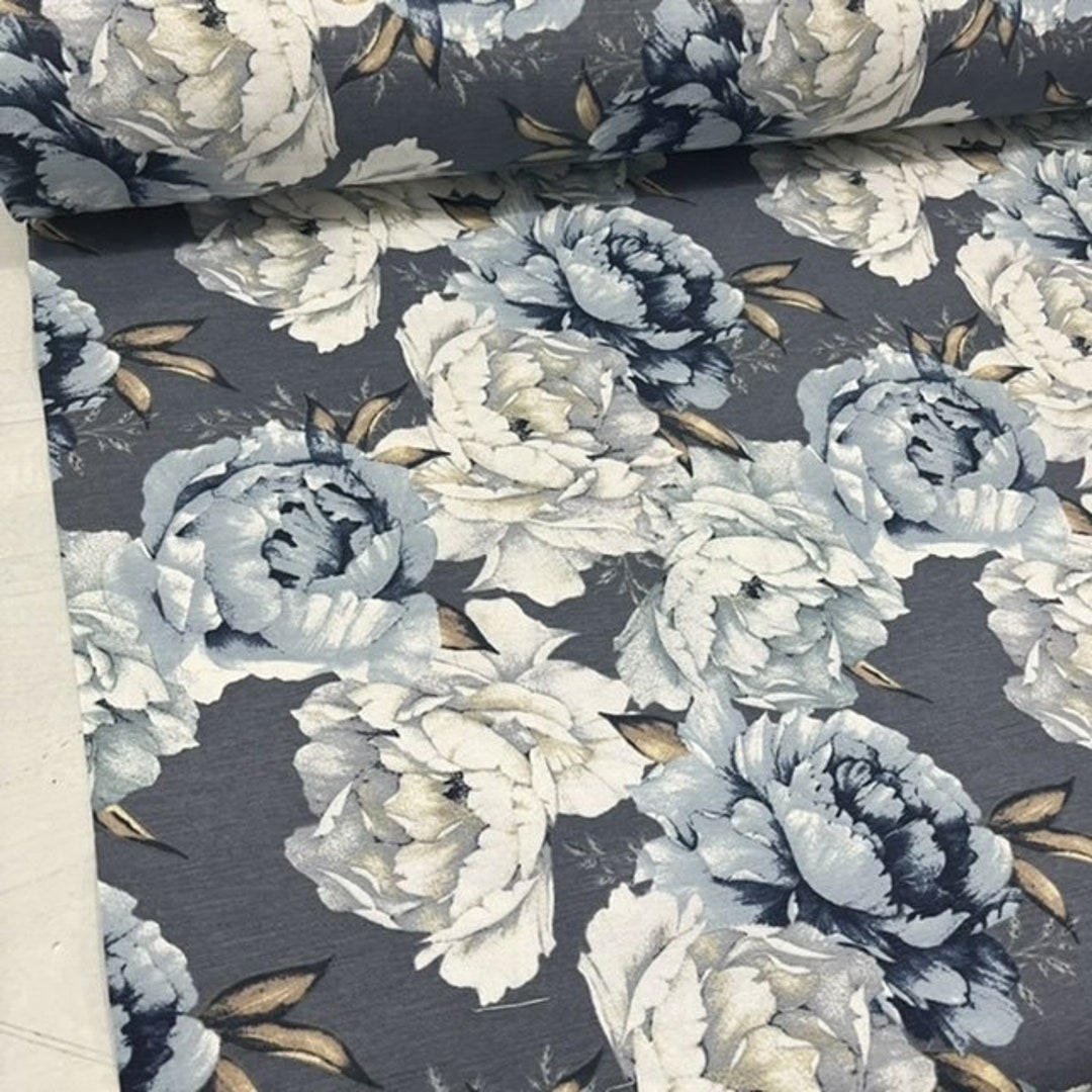 Large Rose Fabric, Blue White Floral Fabric, Big Flowers Fabric, Retro