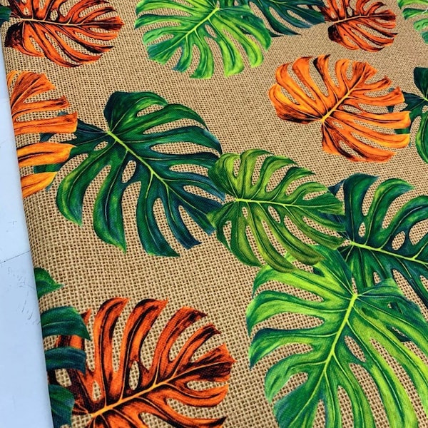 Leaves Upholstery Fabric, Monstera Fabric, Tropical Fabric, Orange Green Jute Burlap Print Indoor Outdoor Chair Sofa Curtain Fabric by Yard