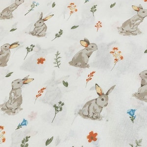 Rabbit Fabric Cotton, Bunny Fabric by the Yard, Woodland Fabric, Forest Animal Fabric, Kids Clothing Fabric, Baby Fabric, Nursery Material