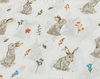 Tessuto di cotone con coniglietti, tessuto con coniglietti tagliato su misura, tessuto a tema bosco, tessuto con animali della foresta, tessuto per abbigliamento bambini, tessuto per neonati, materiale per cameretta.