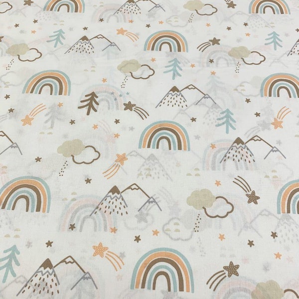 Rainbow Fabric by Yard, Watercolor Fabric, Pastel Quilt Fabric, Baby Cotton Fabric, Kids Room Fabric, Nursery Decor, Mountain Bed Fabric