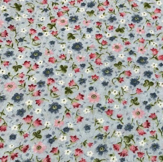 Floral cotton fabric by the yard ''Small Green Flowers On A White Field 