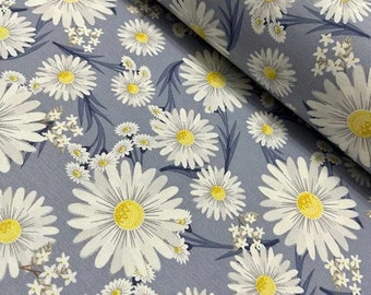 Daisy Fabric, Blue Floral Upholstery Fabric, White Flower Fabric, Indigo Yellow Chamomile Cotton Canvas Curtain Sofa Home Decor Fabric yard