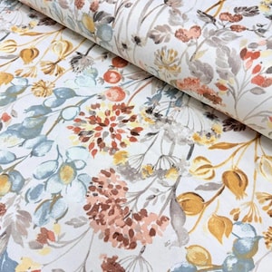 Watercolor Floral Upholstery Fabric, Pastel Flower Fabric, Botanical Canvas Fabric, Coral Mustard Dusty Pink Abstract Home Decor Fabric Yard