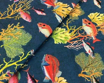 Fish Print Fabric, Nautical Upholstery Fabric, Colorful Underwater Sea Life Navy Blue Coral Reef Curtain Cushion Home Decor Fabric Yard