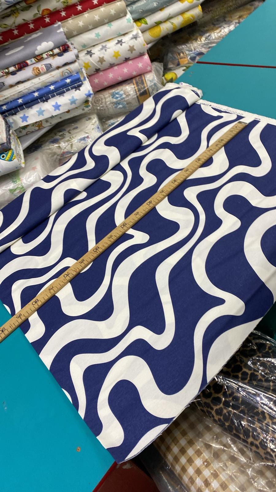 Retro Print Fabric, Blue White Upholstery Fabric, Swirl Fabric