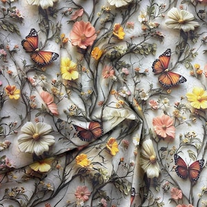 May include: A fabric with a detailed floral and butterfly design. The pattern includes orange and brown butterflies, and flowers in yellow, peach, and white. The background is a light, textured colour.