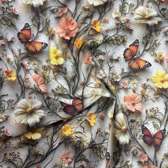 Wildflower Upholstery Fabric, Floral Canvas Fabric, Butterfly Print 3d Effect Embroidered Flower Cotton Curtain Cushion Sofa Bag Fabric Yard