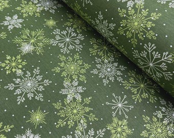 Green Snowflake Fabric, Christmas Winter Snow Print Holiday Festive Xmas Cotton Canvas Upholstery Curtain Cushion Home Decor Fabric by Yard