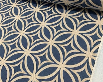 Geometric Circles Fabric, Navy and Beige Upholstery Fabric, Modern Abstract Oriental Cotton Curtain Furniture Indoor Outdoor Fabric by Yard