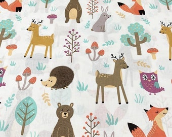 Forest Animal Fabric, Woodland Nursery Fabric, Cotton Quilt Fabric for Baby, Kids Jungle Fabric, Bear, Deer, Fox, Rabbit, Hedgehog Fabric