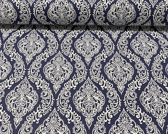 Tela de damasco azul, tela de tapicería azul marino, tela barroca, lona con estampado retro oriental para muebles de exterior, cojines, sofás, sillas, bolsos, telas para patio.