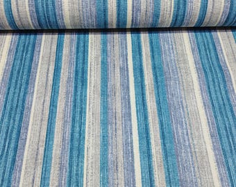 May include: A fabric featuring a vertical striped pattern in shades of blue, teal, and light grey. The design consists of varying widths of textured lines that create a linear visual effect across the entire surface of the material.