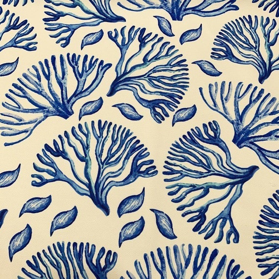 Coral Fabric, Blue Nautical Fabric, Ocean Fabric, Coastal Sea Reef Fabric, Canvas Upholstery Cushion Curtain Table Runner Decor Fabric Yard